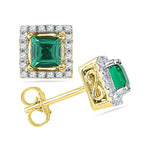 10kt Yellow Gold Womens Princess Lab-Created Emerald Solitaire Diamond Stud Earrings 1/8 Cttw