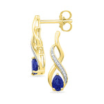 10kt Yellow Gold Womens Pear Lab-Created Blue Sapphire Diamond Stud Earrings 1/20 Cttw