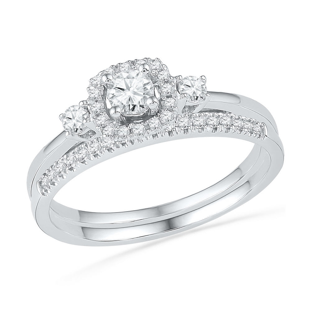 10k White Gold Round Diamond Solitaire Halo Bridal Wedding Engagement Ring Band Set 1/2 Cttw