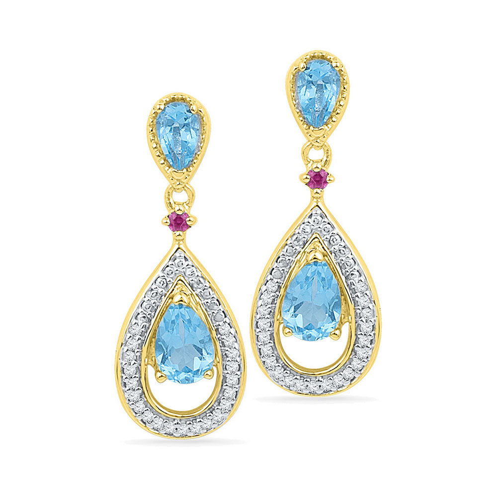 10kt Yellow Gold Womens Oval Lab-Created Blue Topaz Diamond Dangle Earrings 1-5/8 Cttw