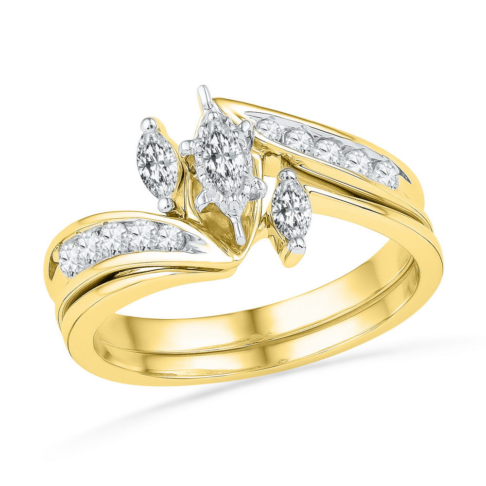 10kt Yellow Gold Womens Marquise Diamond 3-Stone Bridal Wedding Engagement Ring Band Set 1/2 Cttw