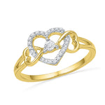 10kt Yellow Gold Womens Round Diamond Triple Heart Solitaire Ring 1/10 Cttw