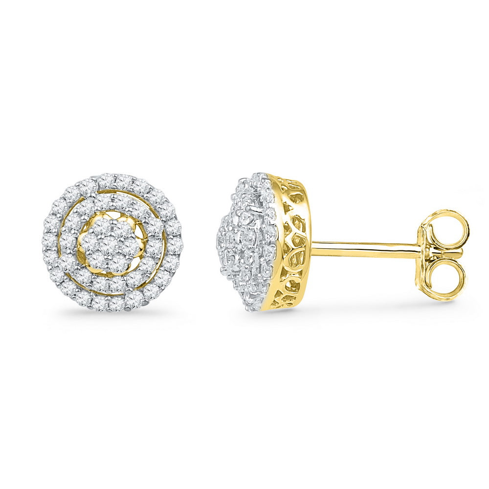 10kt Yellow Gold Womens Round Diamond Concentric Cluster Screwback Earrings 1/2 Cttw