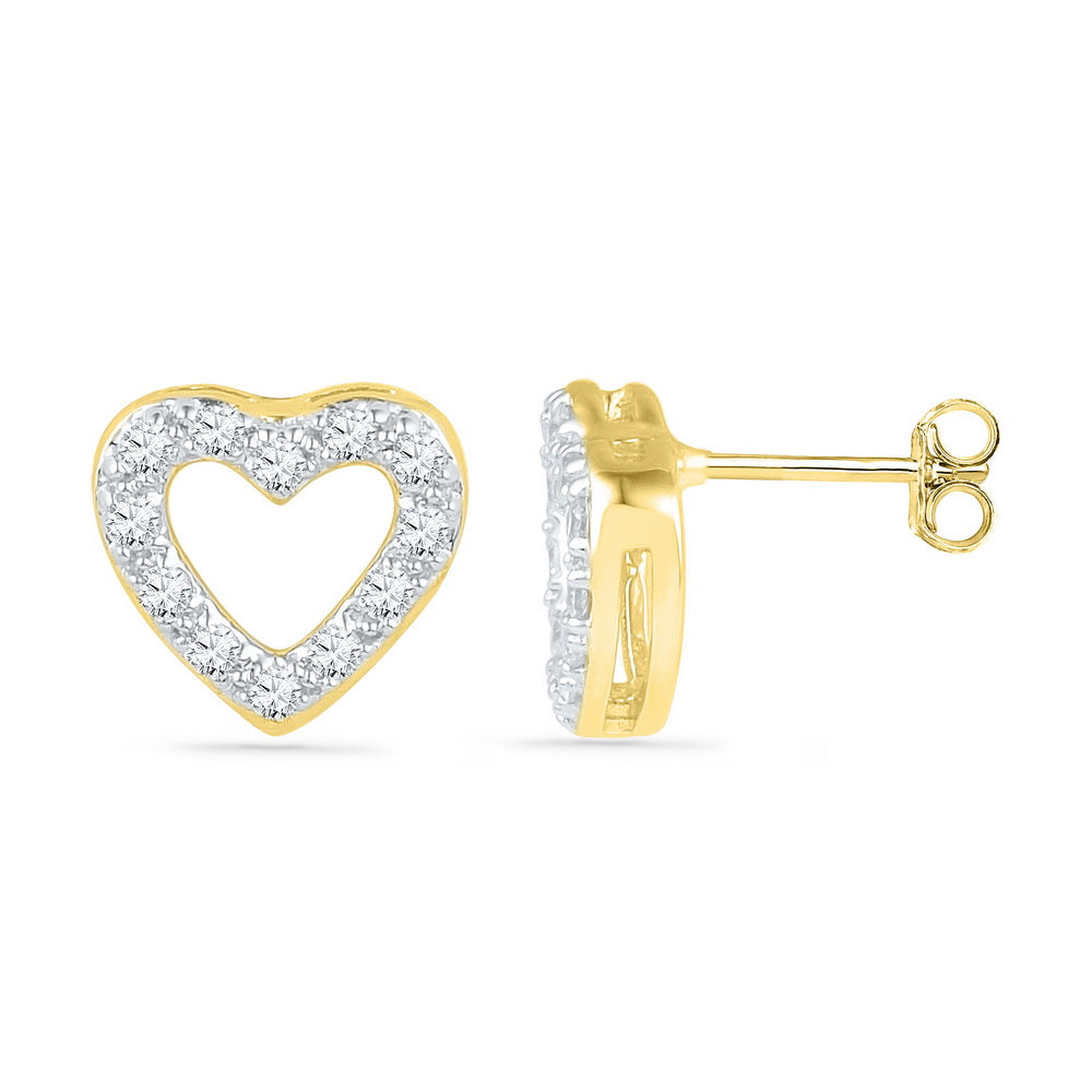 10kt Yellow Gold Womens Round Diamond Heart Outline Screwback Earrings 1/8 Cttw