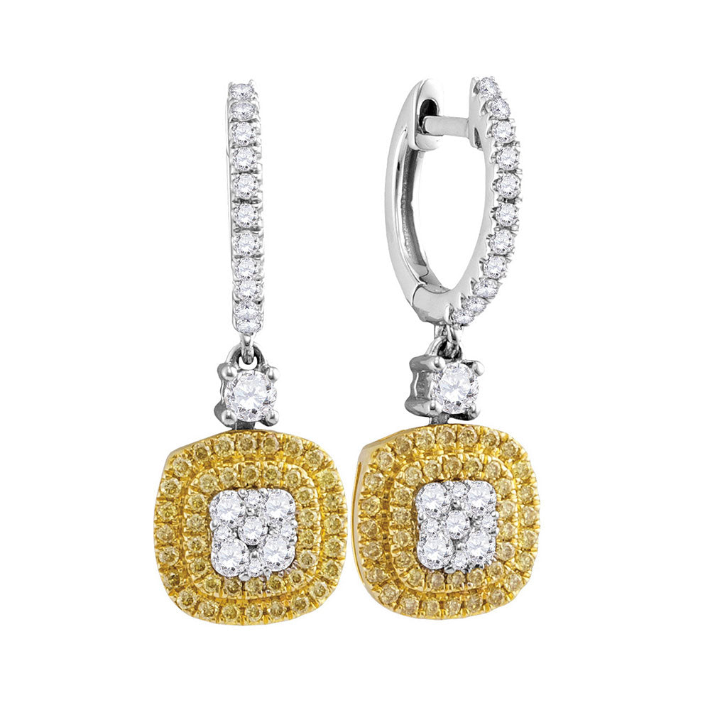 18kt White Gold Womens Round Yellow Diamond Square Cluster Dangle Earrings 7/8 Cttw