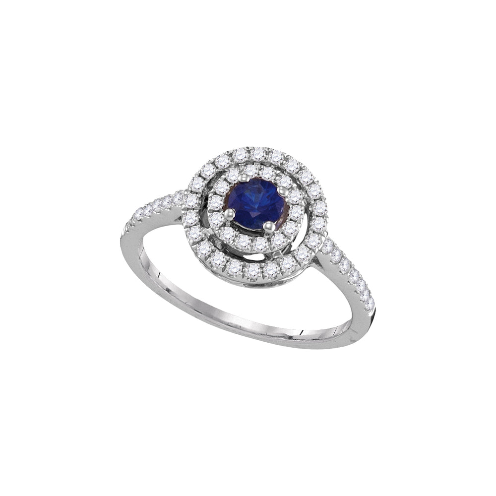 18kt White Gold Womens Round Blue Sapphire Solitaire Concentric Circle Frame Ring 5/8 Cttw
