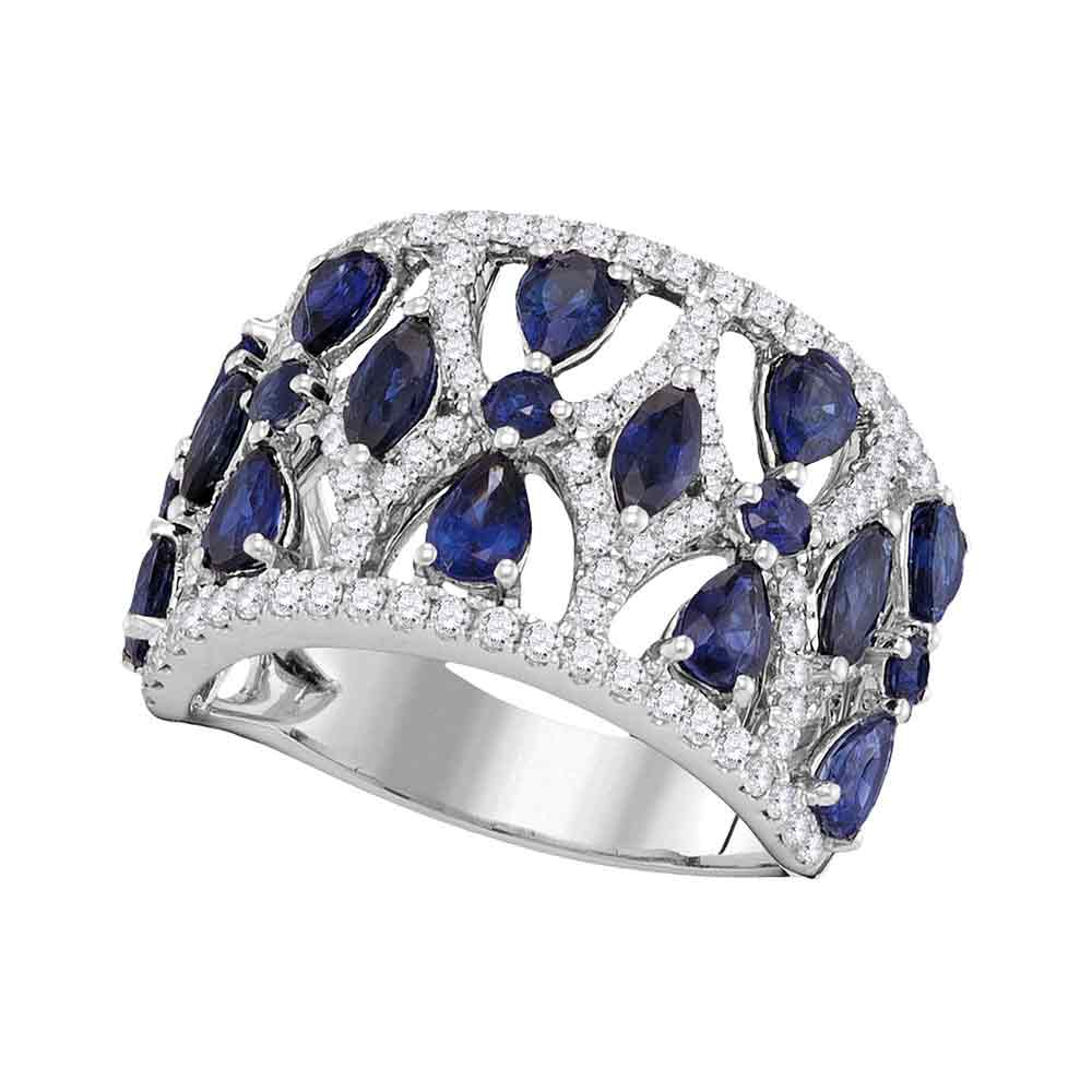18kt White Gold Womens Pear Prong-set Blue Sapphire Openwork Band 4.00 Cttw
