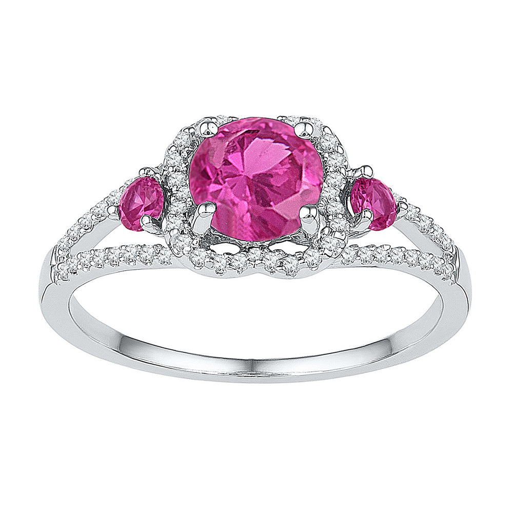 Sterling Silver Womens Round Lab-Created Pink Sapphire 3-stone Diamond-accent Ring 1-5/8 Cttw