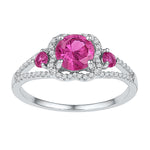 Sterling Silver Womens Round Lab-Created Pink Sapphire 3-stone Diamond-accent Ring 1-5/8 Cttw