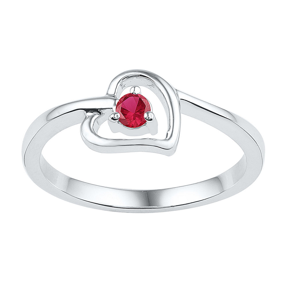 Sterling Silver Womens Round Lab-Created Ruby Solitaire Heart Ring 1/5 Cttw