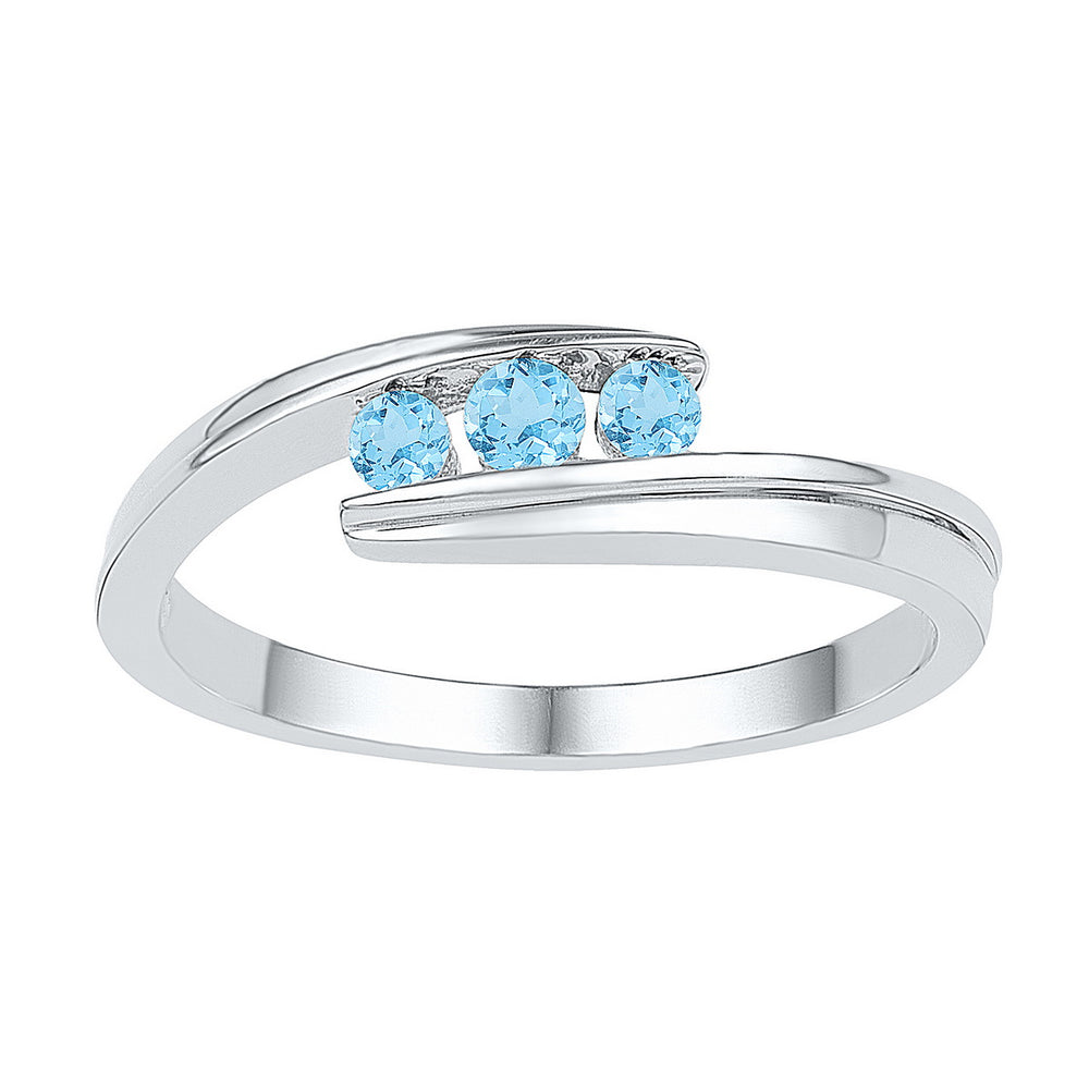 Sterling Silver Womens Round Lab-Created Blue Topaz 3-stone Ring 3/8 Cttw
