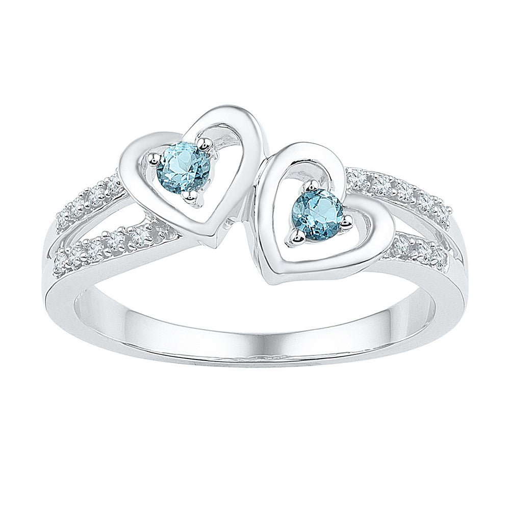 Sterling Silver Womens Round Lab-Created Aquamarine Diamond Heart Ring 1/5 Cttw