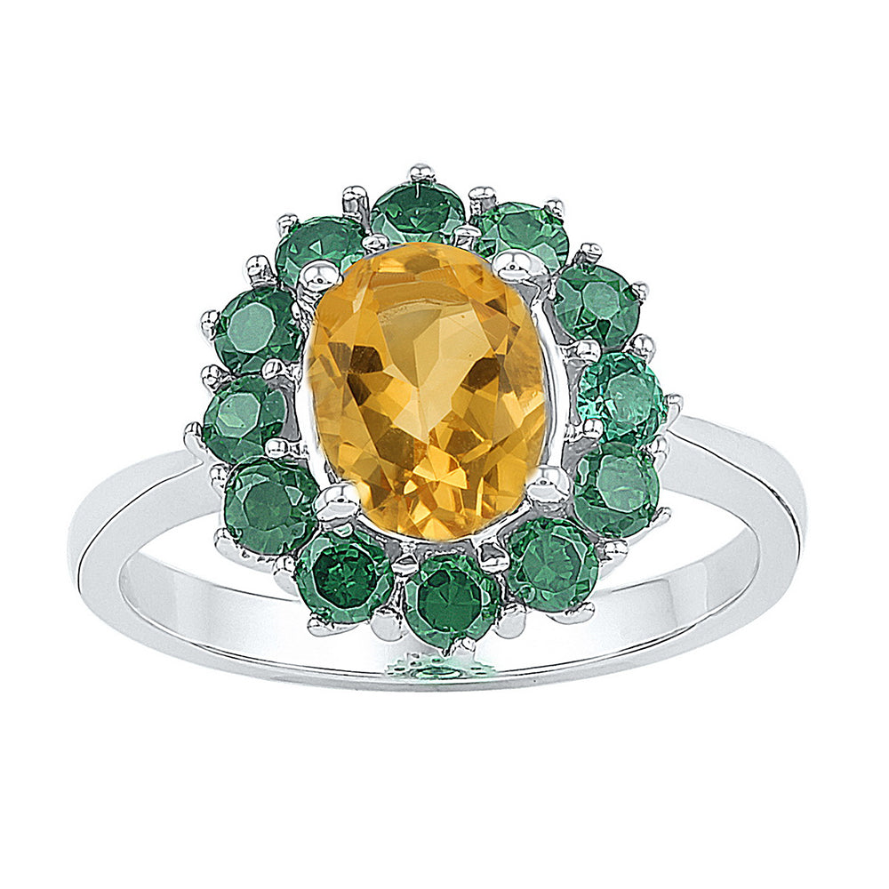 Sterling Silver Womens Oval Lab-Created Citrine Solitaire Emerald Ring 2.00 Cttw