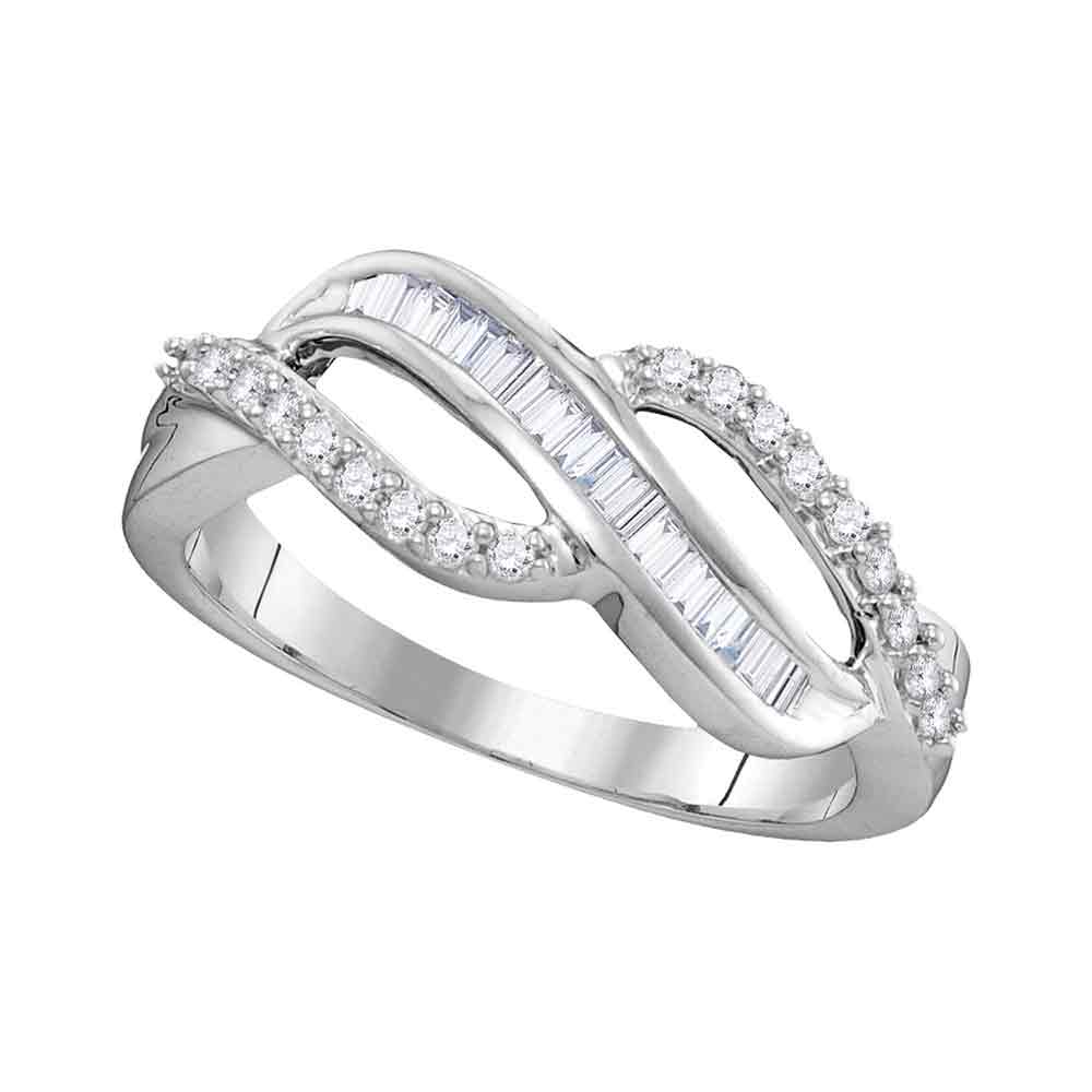 10kt White Gold Womens Round Baguette Diamond Open Crossover Band Ring 1/4 Cttw