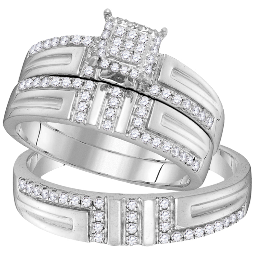 10kt White Gold His & Hers Round Diamond Cluster Matching Bridal Wedding Ring Band Set 1/2 Cttw