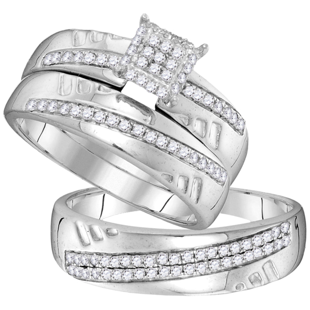 10kt White Gold His & Hers Round Diamond Cluster Matching Bridal Wedding Ring Band Set 1/2 Cttw
