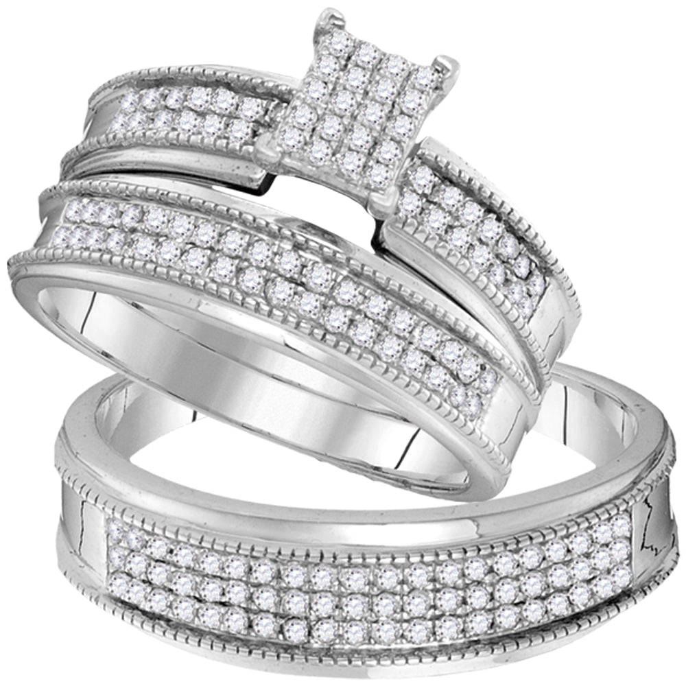 10kt White Gold His & Hers Round Diamond Cluster Matching Bridal Wedding Ring Band Set 3/4 Cttw