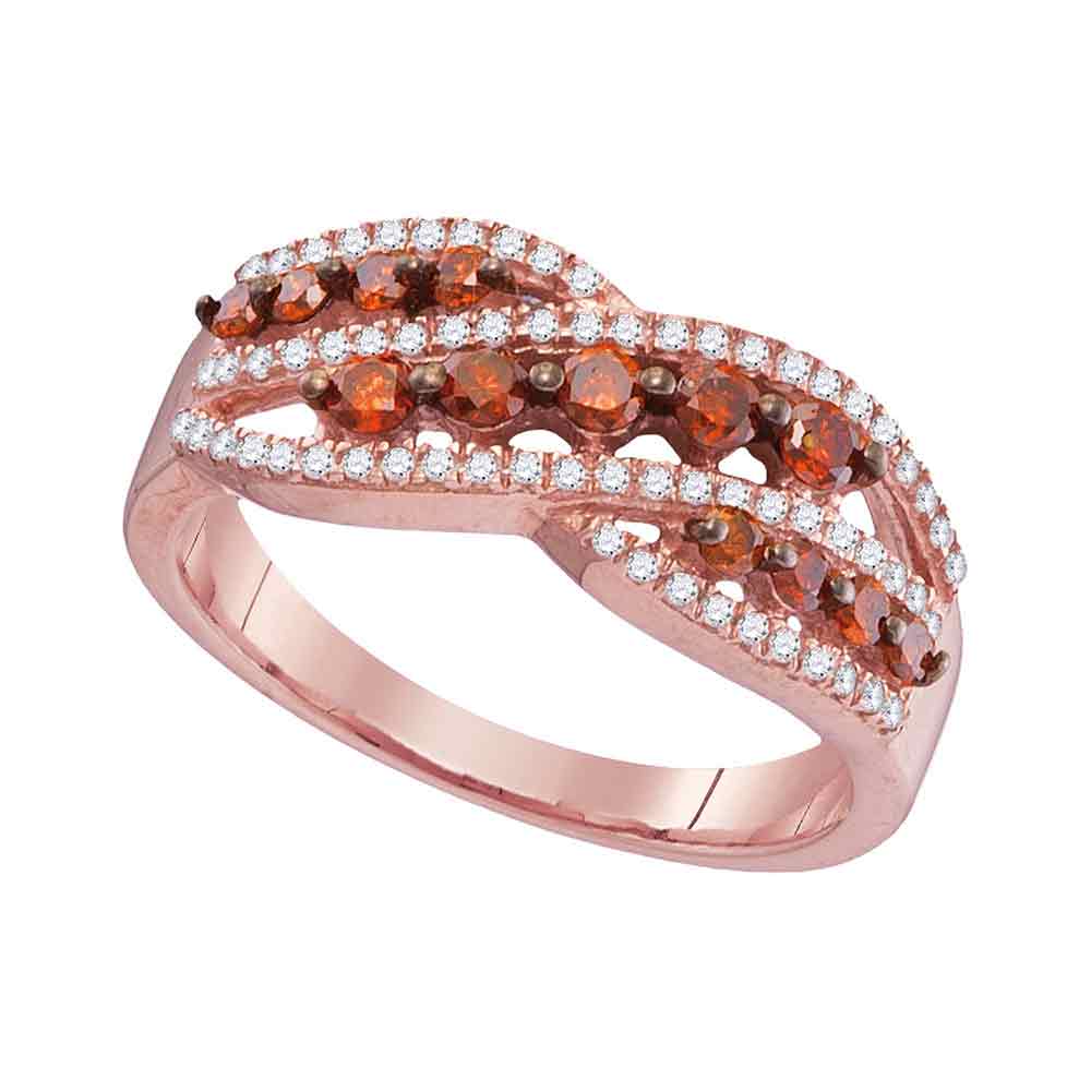 10kt Rose Gold Womens Round Red Color Enhanced Diamond Crossover Fashion Ring 5/8 Cttw