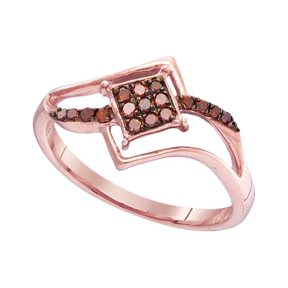 10kt Rose Gold Womens Round Red Color Enhanced Diamond Diagonal Square Cluster Ring 1/6 Cttw