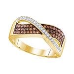 10kt Yellow Gold Womens Round Cognac-brown Color Enhanced Diamond Crossover Band Ring 1/3 Cttw