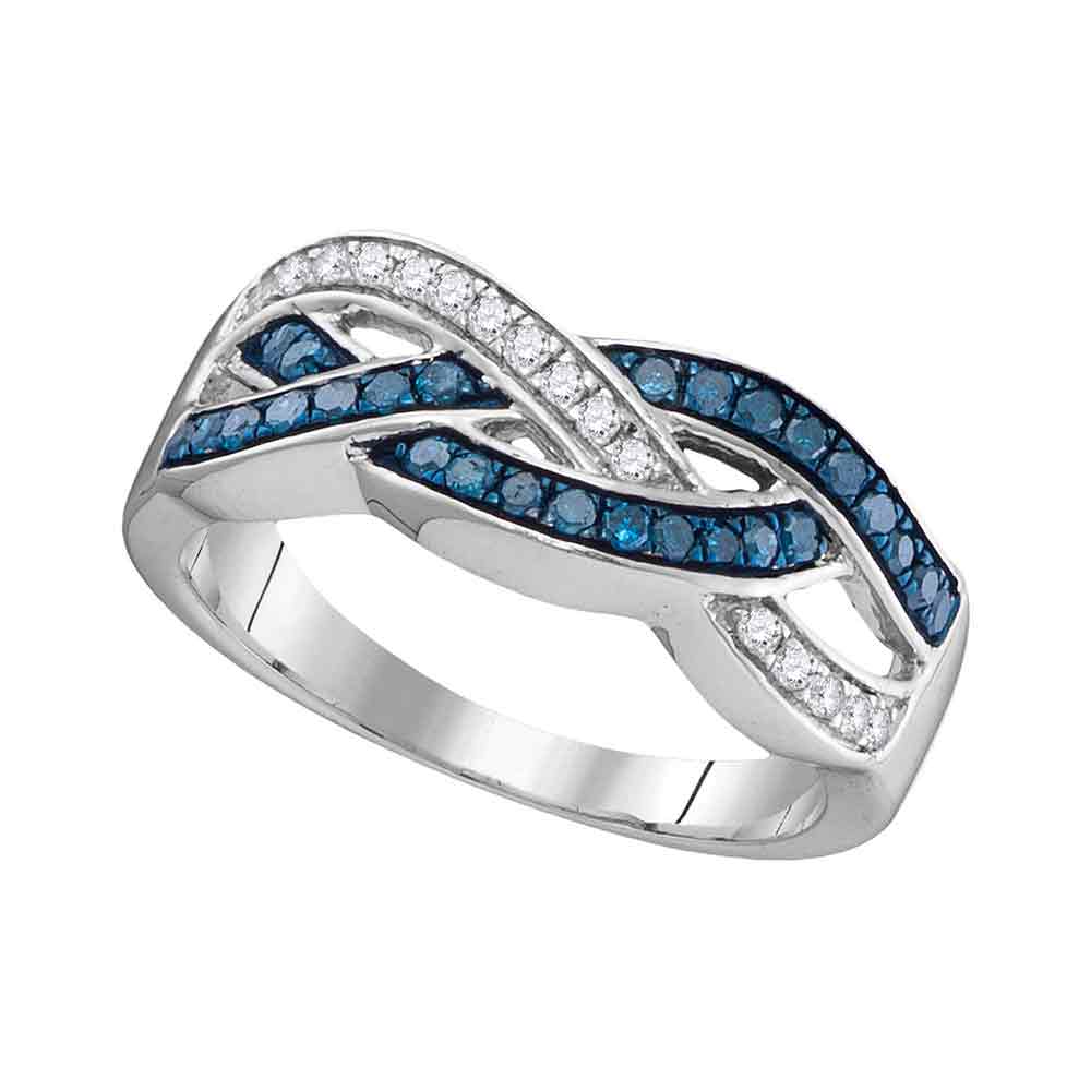 10kt White Gold Womens Round Blue Color Enhanced Diamond Crossover Band Ring 1/3 Cttw