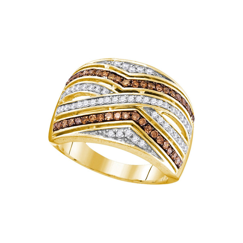 10kt Yellow Gold Womens Round Brown Color Enhanced Diamond Striped Band Ring 1/2 Cttw