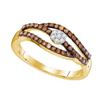 10kt Yellow Gold Womens Round Cognac-brown Color Enhanced Diamond Strand Cluster Ring 1/3 Cttw