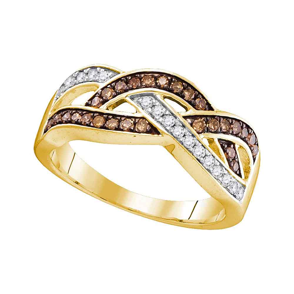 10kt Yellow Gold Womens Round Cognac-brown Color Enhanced Diamond Crossover Band Ring 1/3 Cttw