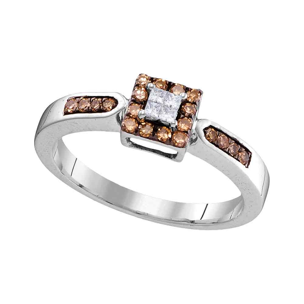 10kt White Gold Womens Round Cognac-brown Color Enhanced Diamond Square Cluster Ring 1/4 Cttw