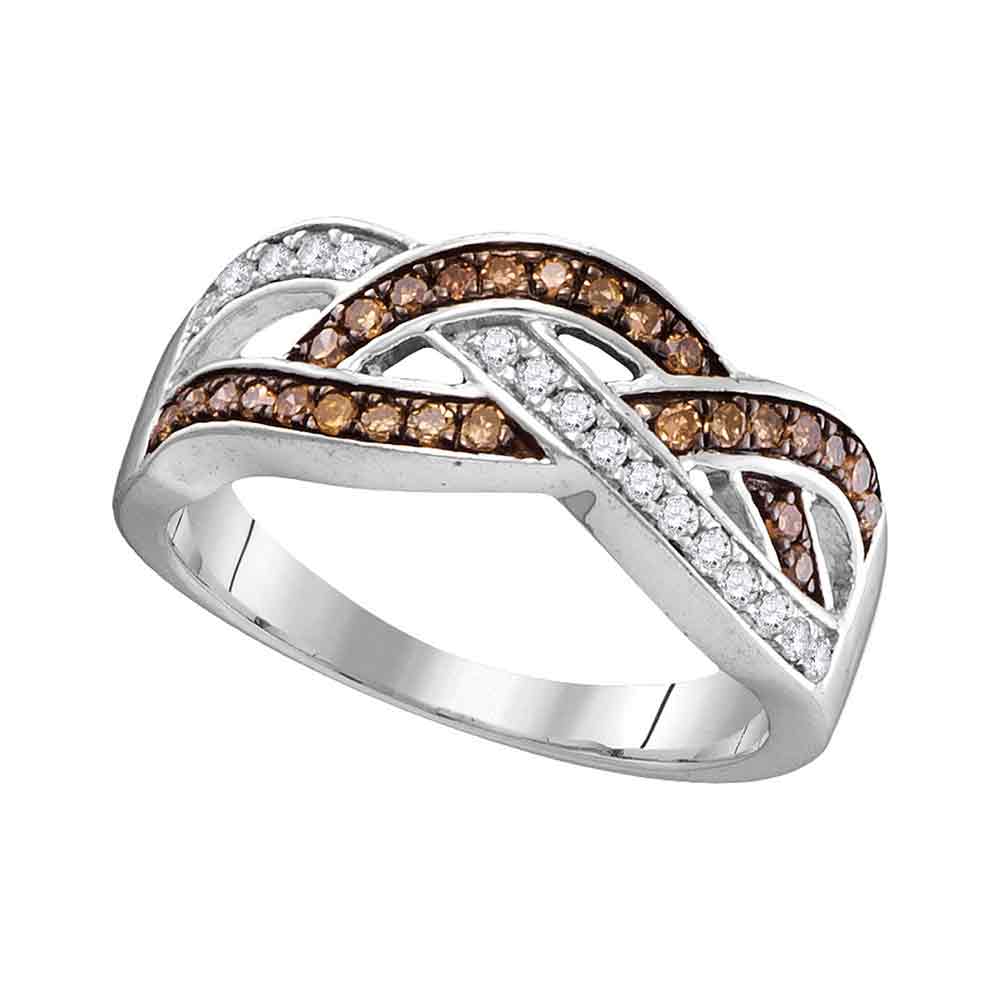 10kt White Gold Womens Round Cognac-brown Color Enhanced Diamond Crossover Band Ring 1/3 Cttw