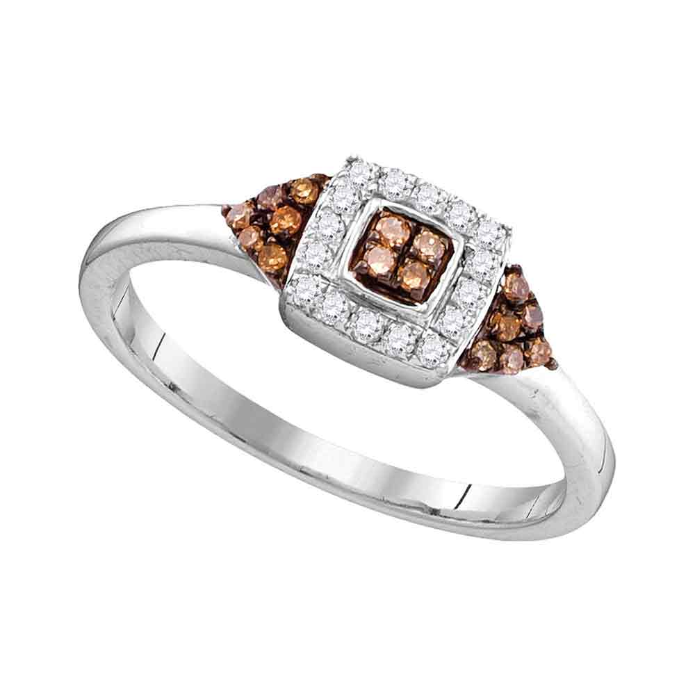 10kt White Gold Womens Round Brown Color Enhanced Diamond Square Cluster Ring 1/5 Cttw