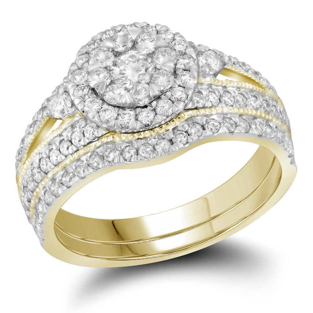 14kt Yellow Gold Womens Round Diamond Cluster Bridal Wedding Engagement Ring Band Set 1.00 Cttw