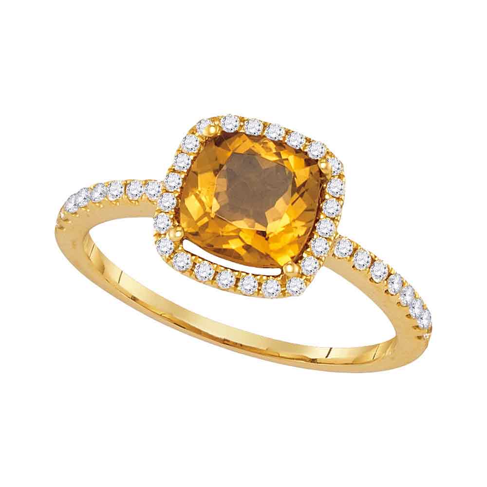 14kt Yellow Gold Womens Cushion Citrine Solitaire Diamond Halo Slender Ring 1-1/4 Cttw
