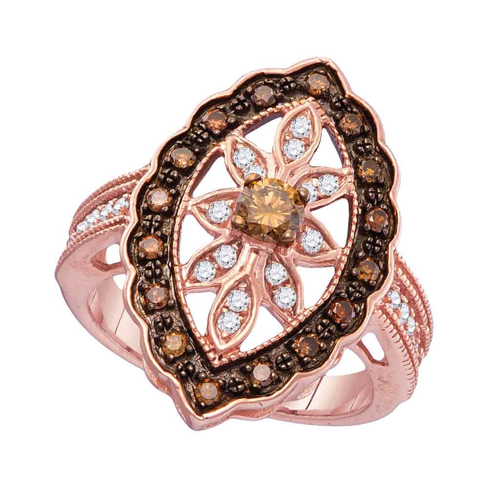 10kt Rose Gold Womens Round Brown Color Enhanced Diamond Oval Frame Ring 3/4 Cttw