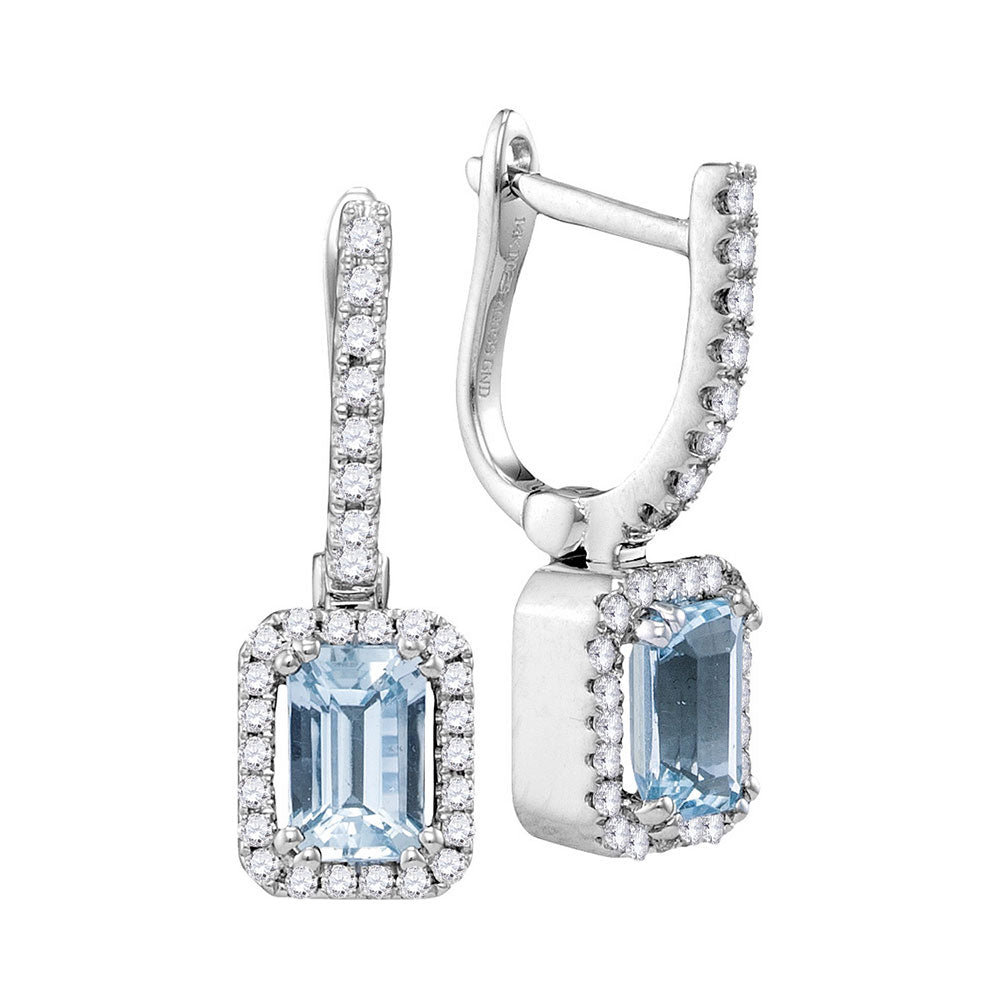 14kt White Gold Womens Cushion Aquamarine Solitaire Diamond Frame Hoop Dangle Earrings 1/3 Cttw