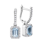 14kt White Gold Womens Cushion Aquamarine Solitaire Diamond Frame Hoop Dangle Earrings 1/3 Cttw