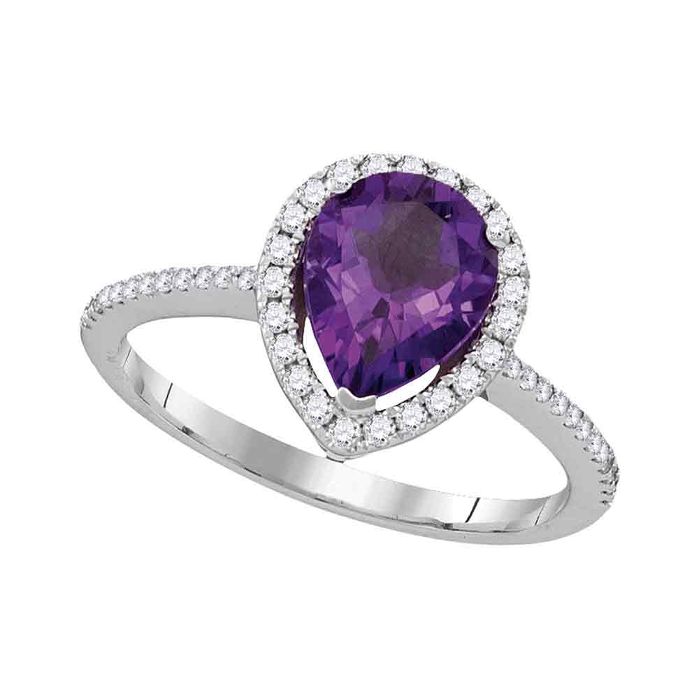 14kt White Gold Womens Pear Amethyst Solitaire Diamond Accent Ring 1-1/2 Cttw