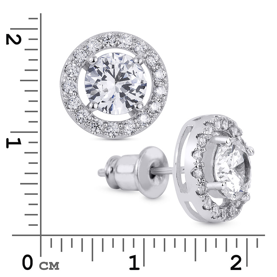 Women's Halo Style Stud Earrings Enhanced CZ 0.50 CT White Gold Plated