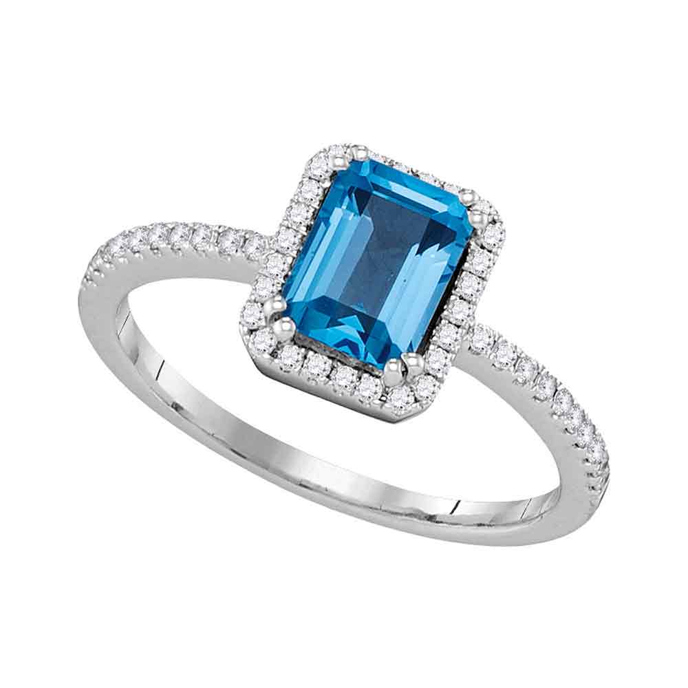 14kt White Gold Womens Emerald Blue Topaz Solitaire Diamond Accent Ring 1-3/8 Cttw