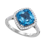 14kt White Gold Womens Cushion Blue Topaz Solitaire Diamond Halo Ring 3-7/8 Cttw