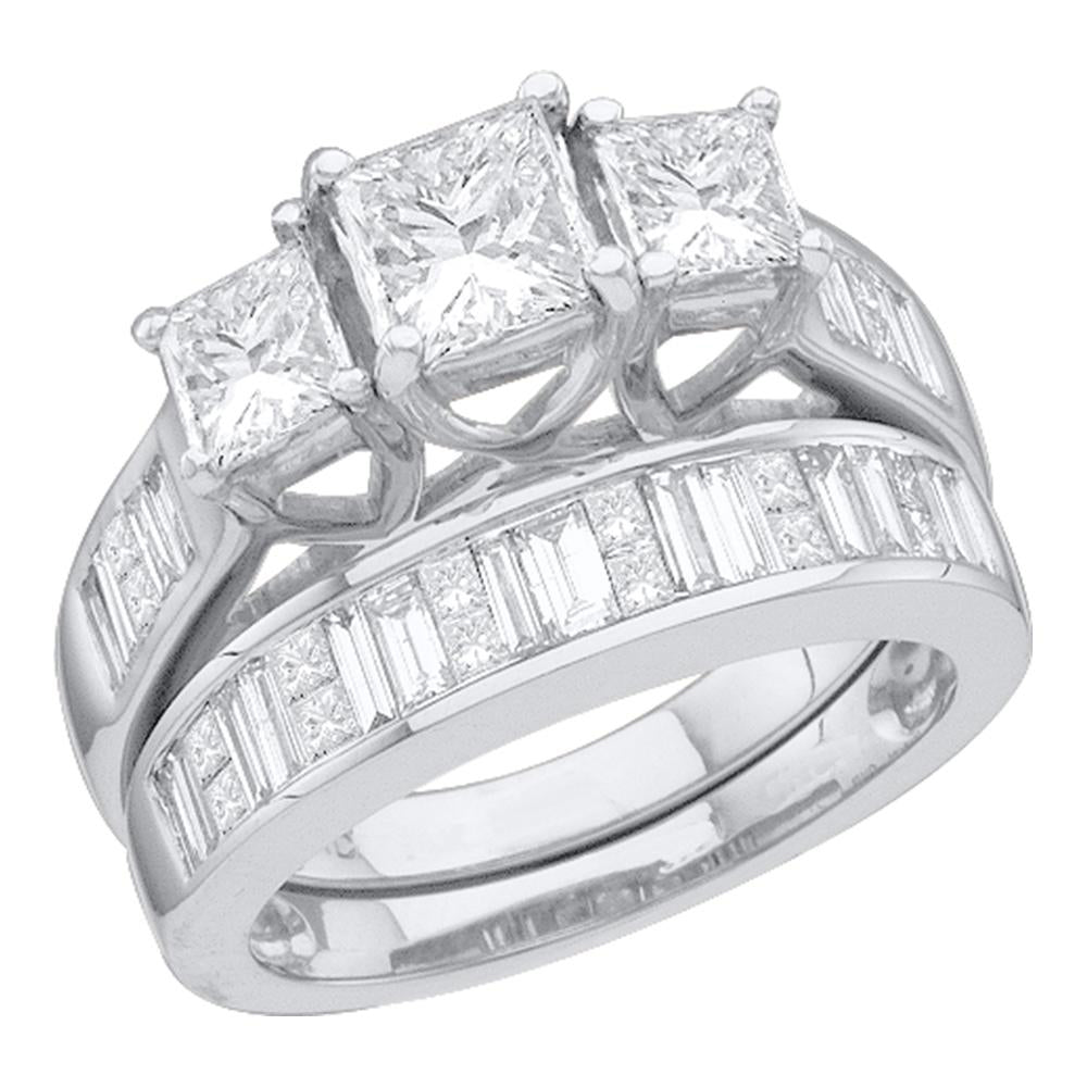 14kt White Gold Womens Princess 3-Stone Diamond Bridal Wedding Engagement Ring Band Set 2-1/2 Cttw