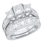 14kt White Gold Womens Princess 3-Stone Diamond Bridal Wedding Engagement Ring Band Set 2-1/2 Cttw