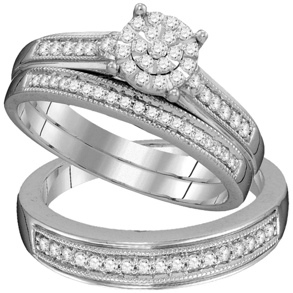 10kt White Gold His & Hers Round Diamond Cluster Matching Bridal Wedding Ring Band Set 3/8 Cttw