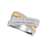 14kt Two-tone White Yellow Gold Womens Round Diamond Crossover Fashion Band Ring 1.00 Cttw