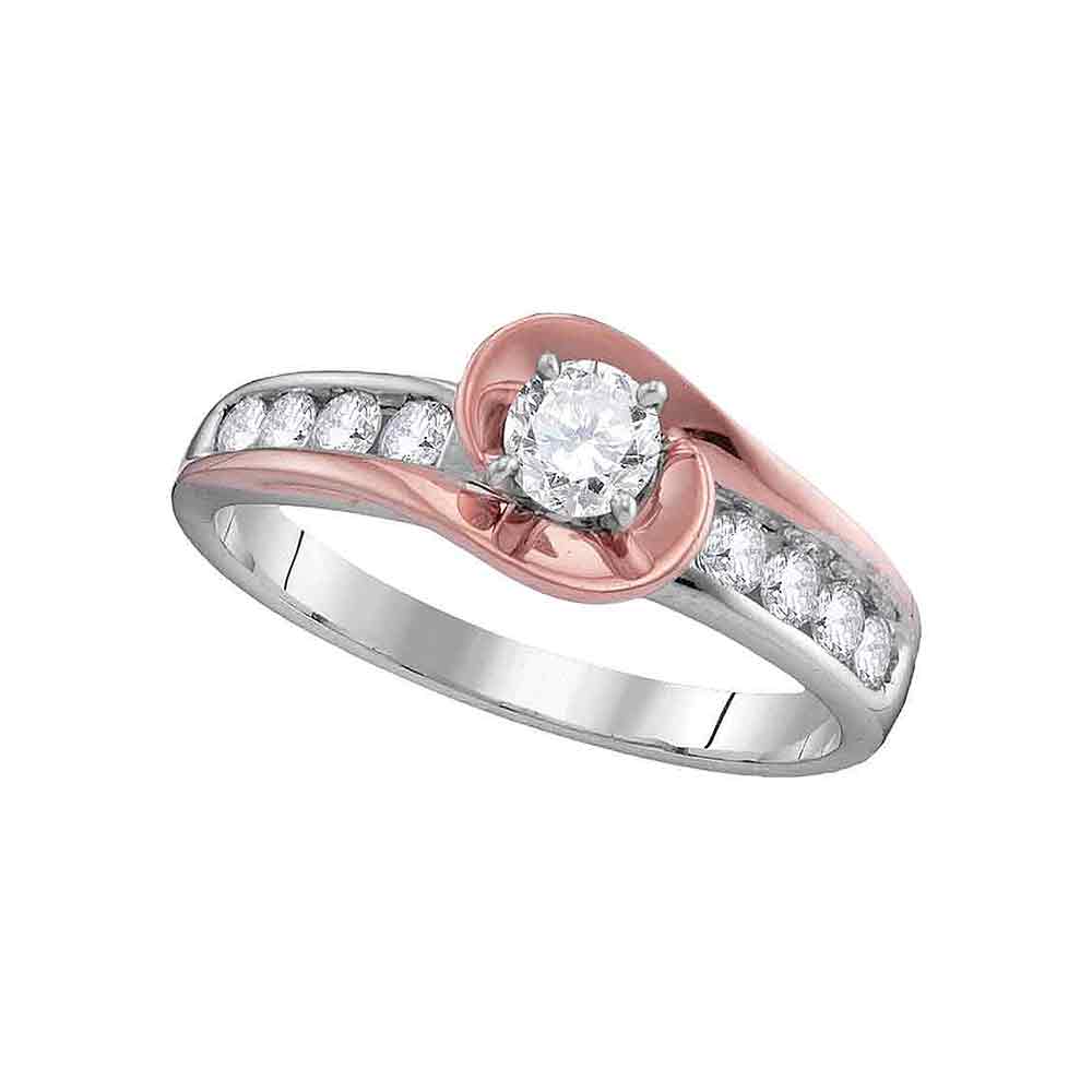 14kt White Gold Womens Round Diamond Solitaire Rose-tone Swirl Bridal Wedding Engagement Ring 5/8 Cttw