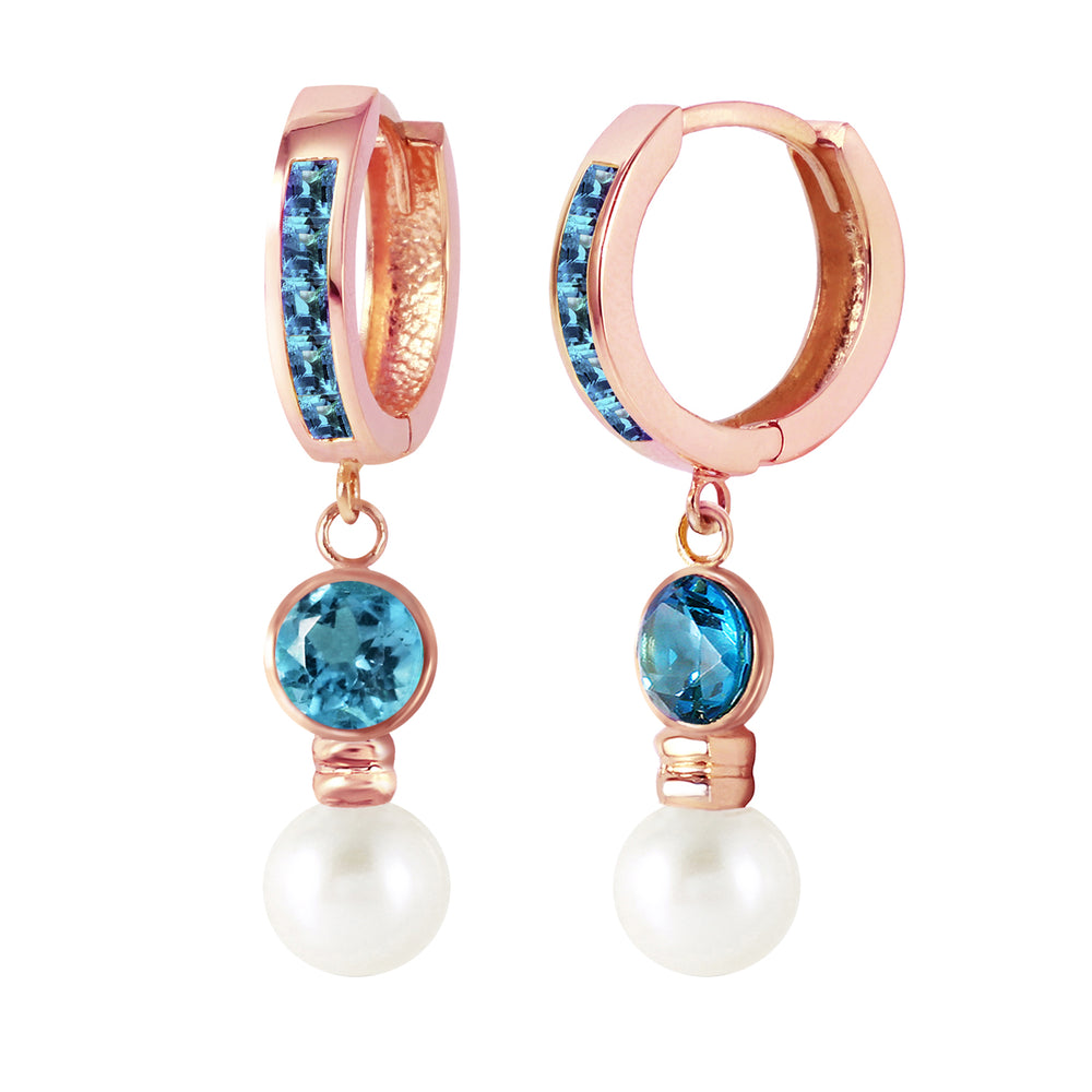 4.3 Carat 14K Solid Rose Gold Huggie Earrings pearl Blue Topaz