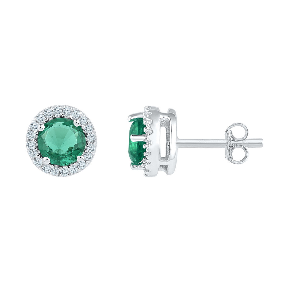 Sterling Silver Womens Round Lab-Created Emerald Solitaire Stud Earrings 1-1/6 Cttw