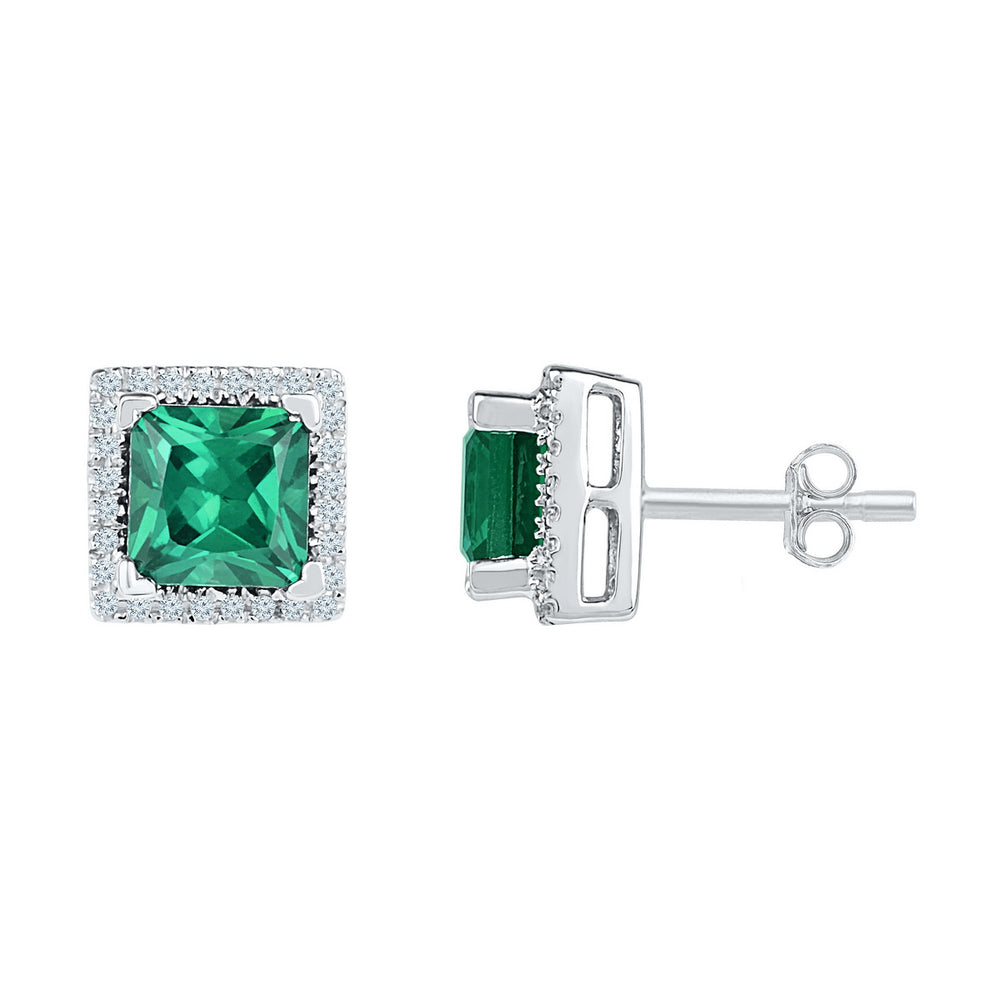 Sterling Silver Womens Princess Lab-Created Emerald Solitaire Stud Earrings 1-3/4 Cttw