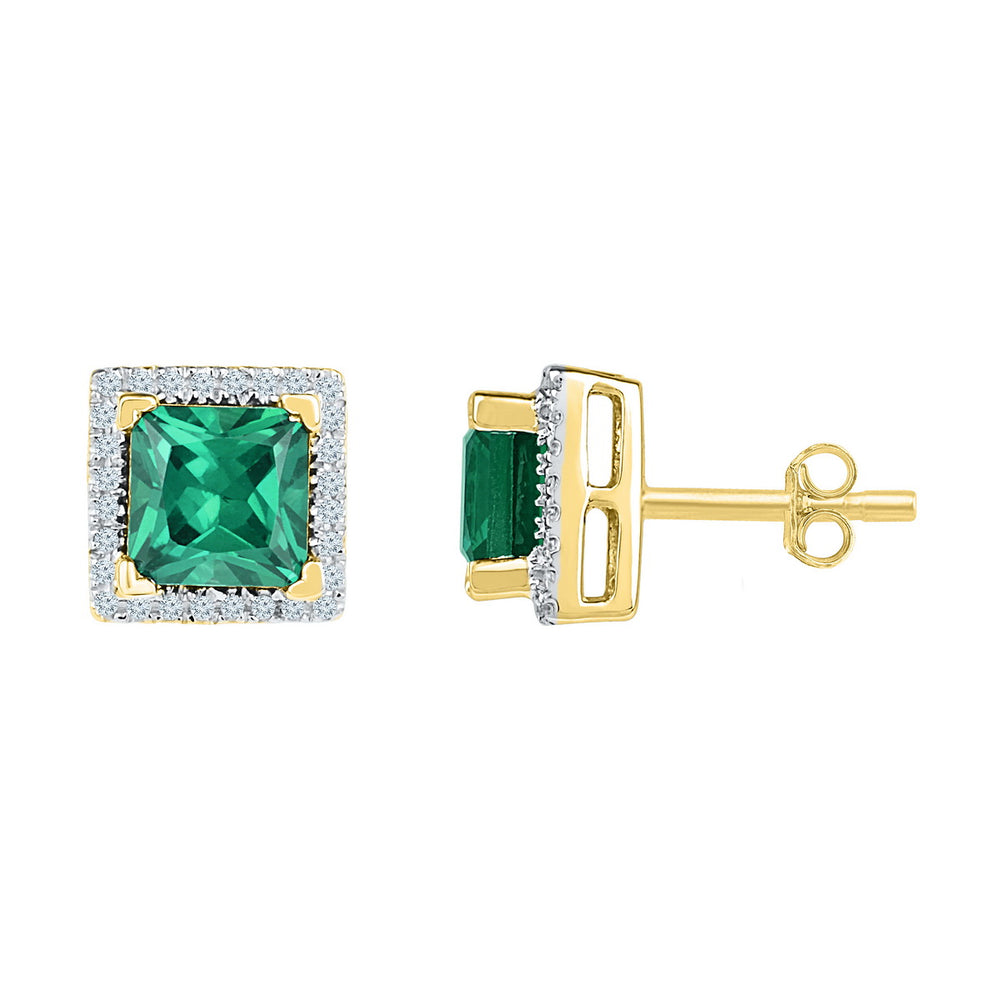 10kt Yellow Gold Womens Princess Lab-Created Emerald Solitaire Stud Earrings 1-3/4 Cttw