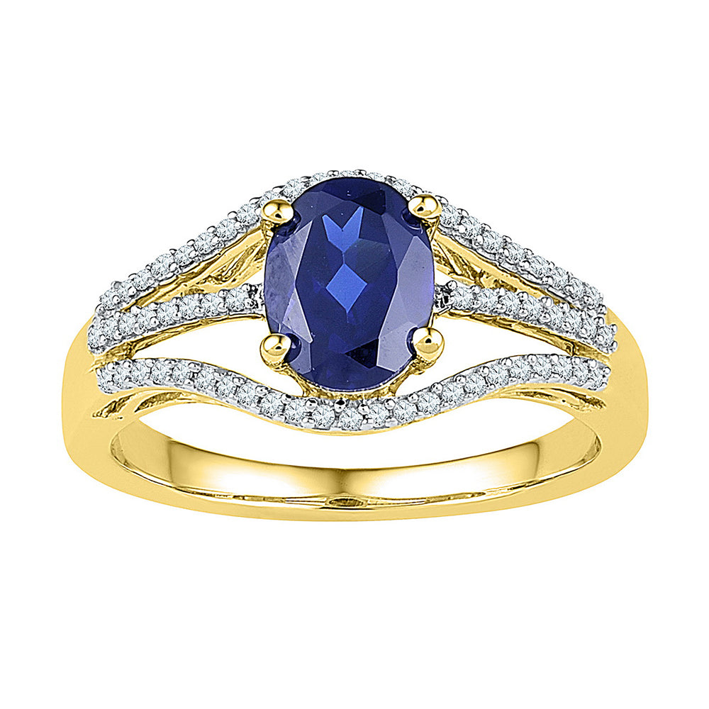 10kt Yellow Gold Womens Oval Lab-Created Blue Sapphire Solitaire Diamond Ring 1-3/4 Cttw